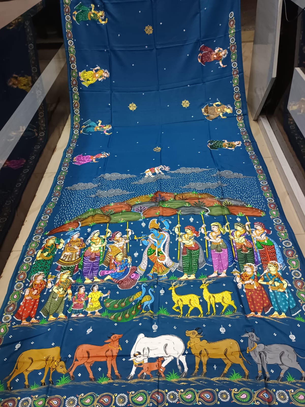 Ink Blue Hand-Painted Pattachitra Khadi silk Saree – Sri Krishna Govardhan Leela & Surabhi Cows Theme