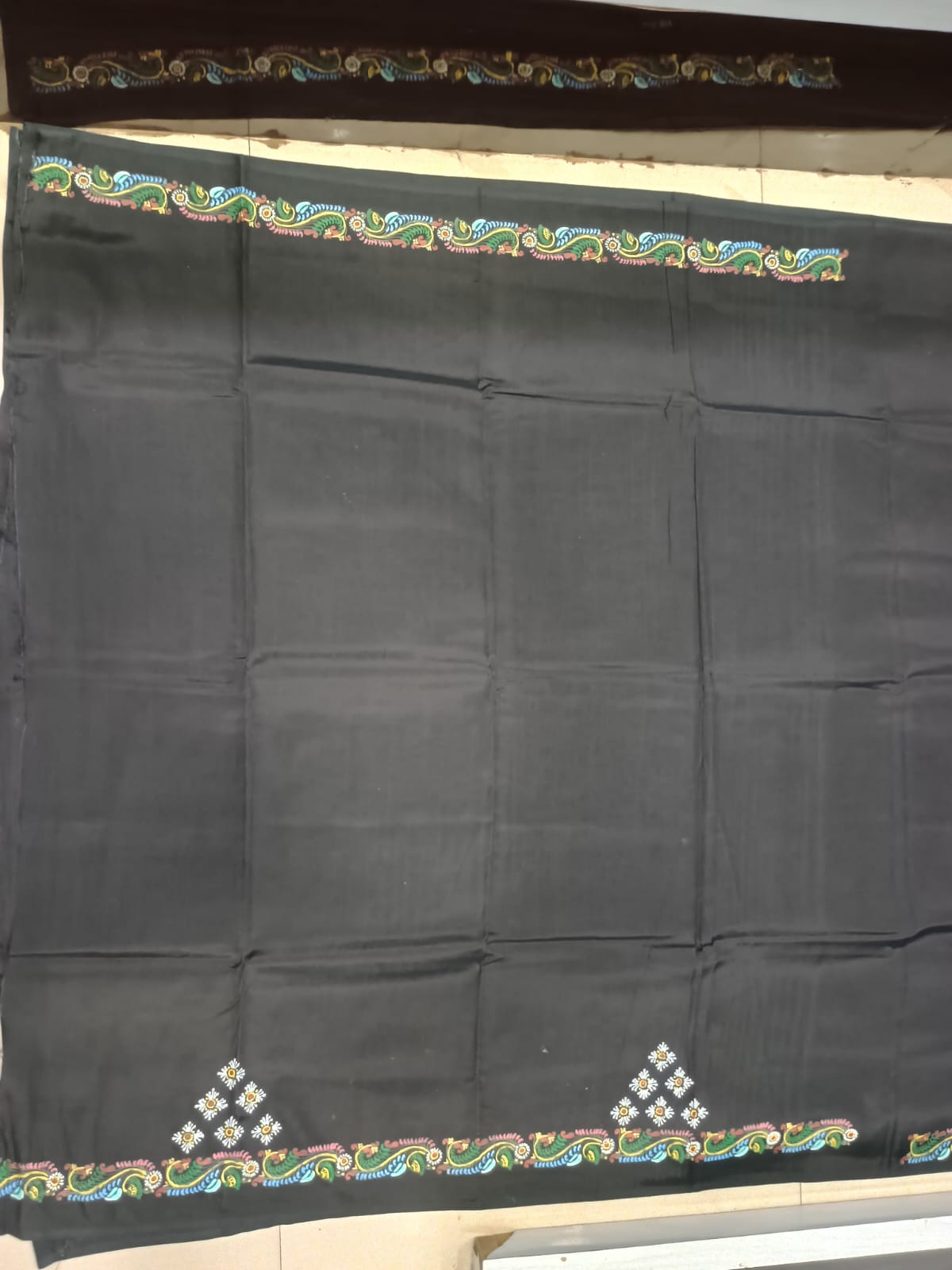 Midnight Black Hand-Painted Pattachitra Khadi silk Saree – Radha Krishna, Kamadhenu Cows & Gopi Dance Grid Theme