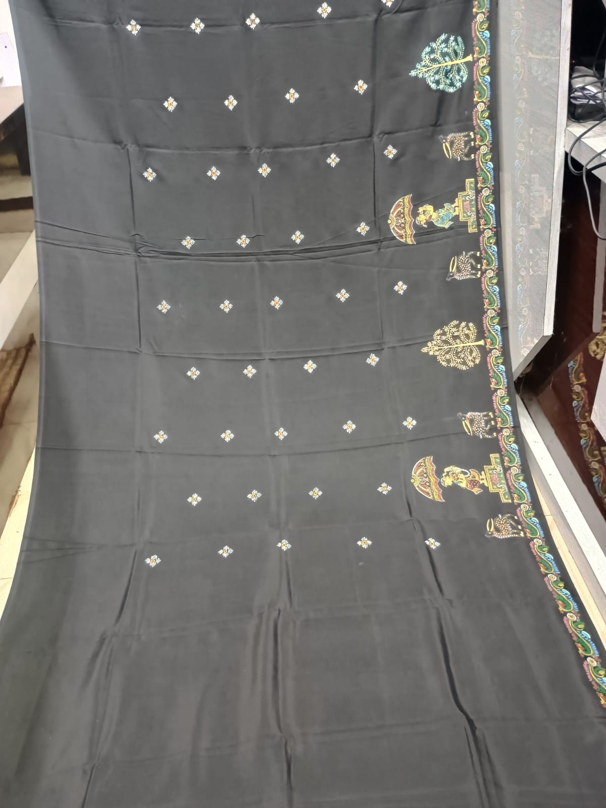 Midnight Black Hand-Painted Pattachitra Khadi silk Saree – Radha Krishna, Kamadhenu Cows & Gopi Dance Grid Theme