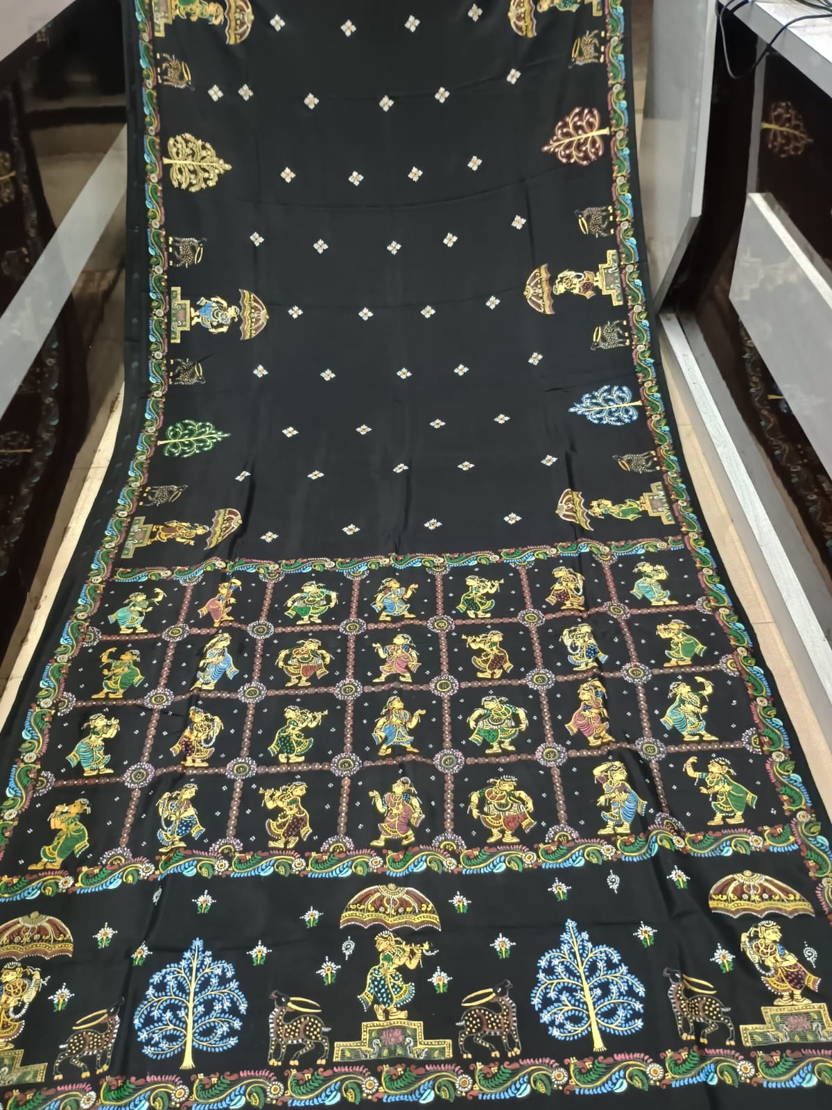 Midnight Black Hand-Painted Pattachitra Khadi silk Saree – Radha Krishna, Kamadhenu Cows & Gopi Dance Grid Theme