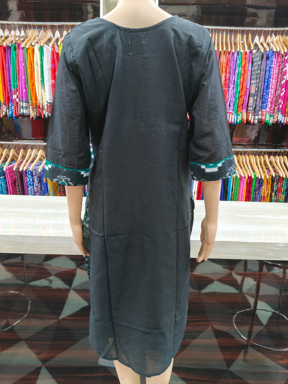Black Green Pasapali With Flower Designer A-Line Kurti