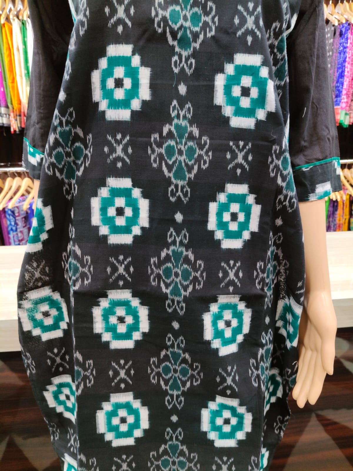 Black Green Pasapali With Flower Designer A-Line Kurti