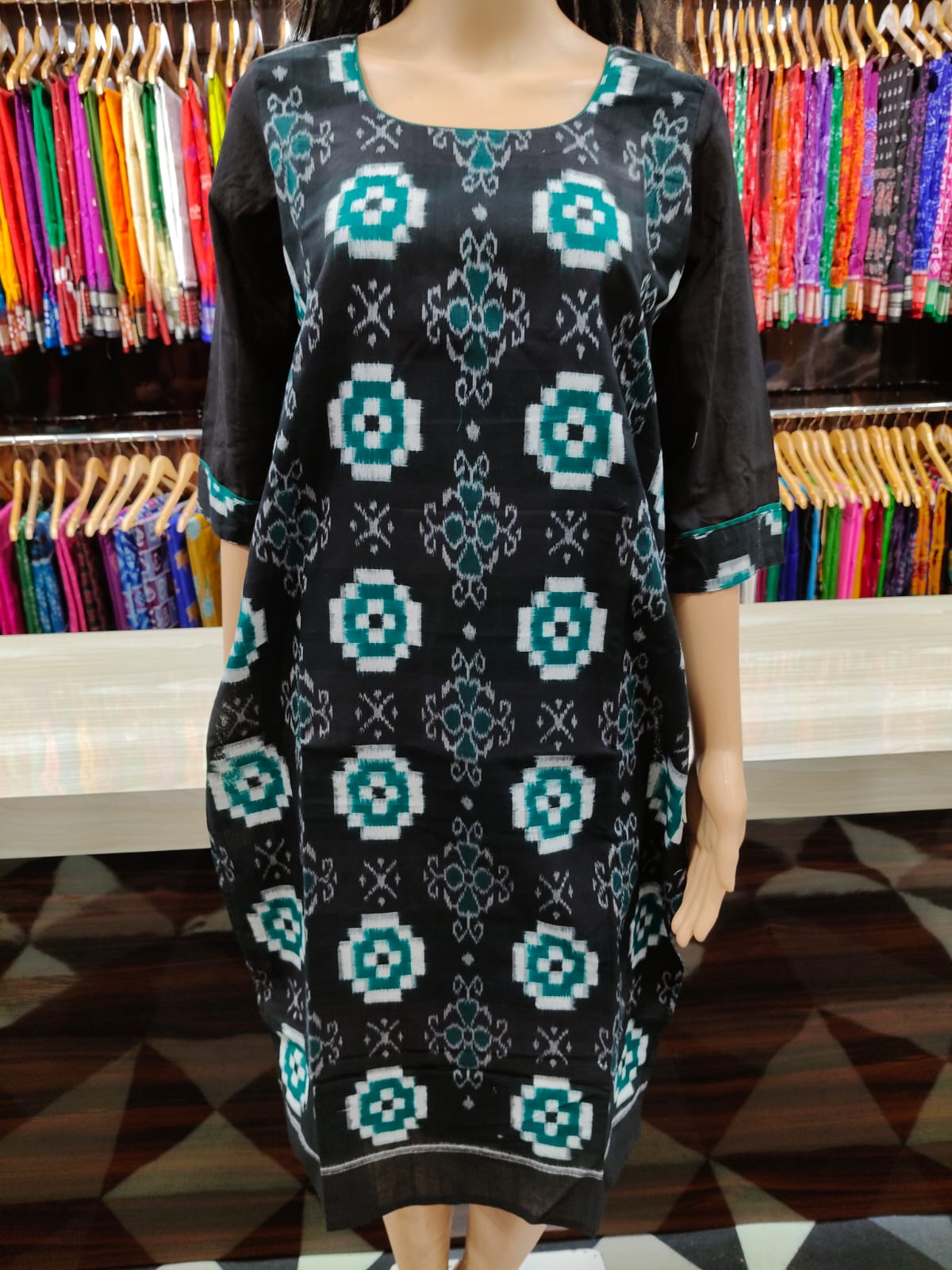 Black Green Pasapali With Flower Designer A-Line Kurti