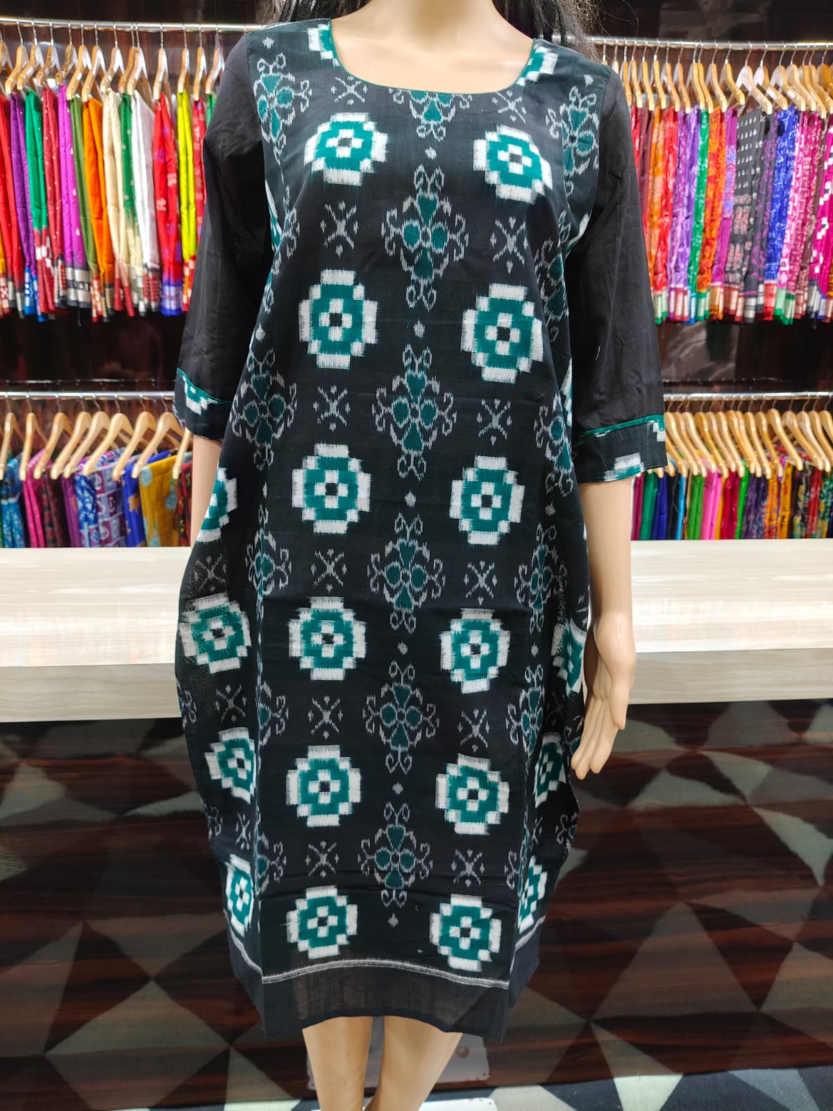 Black Green Pasapali With Flower Designer A-Line Kurti