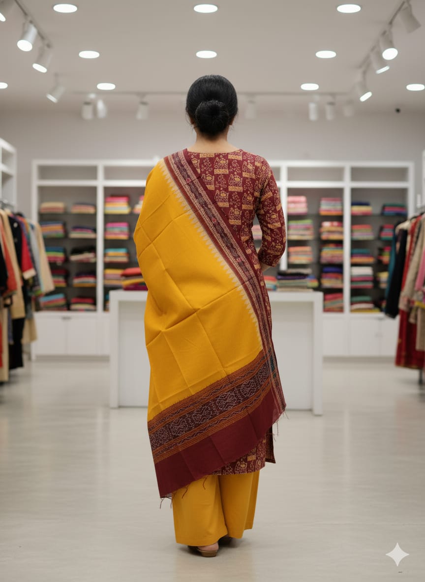 Maroon Yellow Animal Handwoven Odisha Ikat Unstitched Dress Material Set (Top 2.5m, Bottom 2m, Dupatta 2.5m)