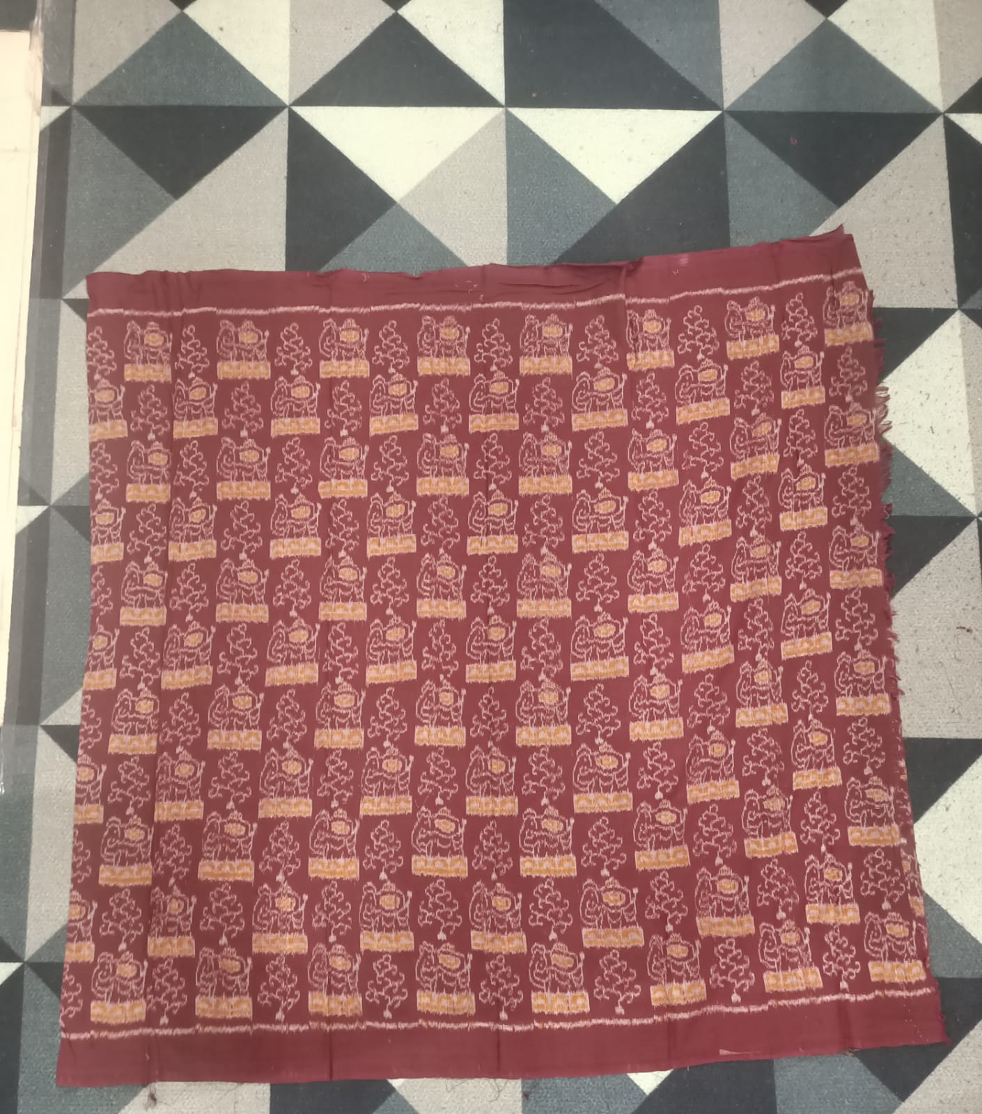 Maroon Yellow Animal Handwoven Odisha Ikat Unstitched Dress Material Set (Top 2.5m, Bottom 2m, Dupatta 2.5m)
