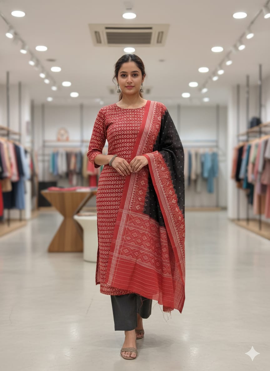 Red White Black Handwoven Odisha Ikat Unstitched Dress Material Set (Top 2.5m, Bottom 2m, Dupatta 2.5m)