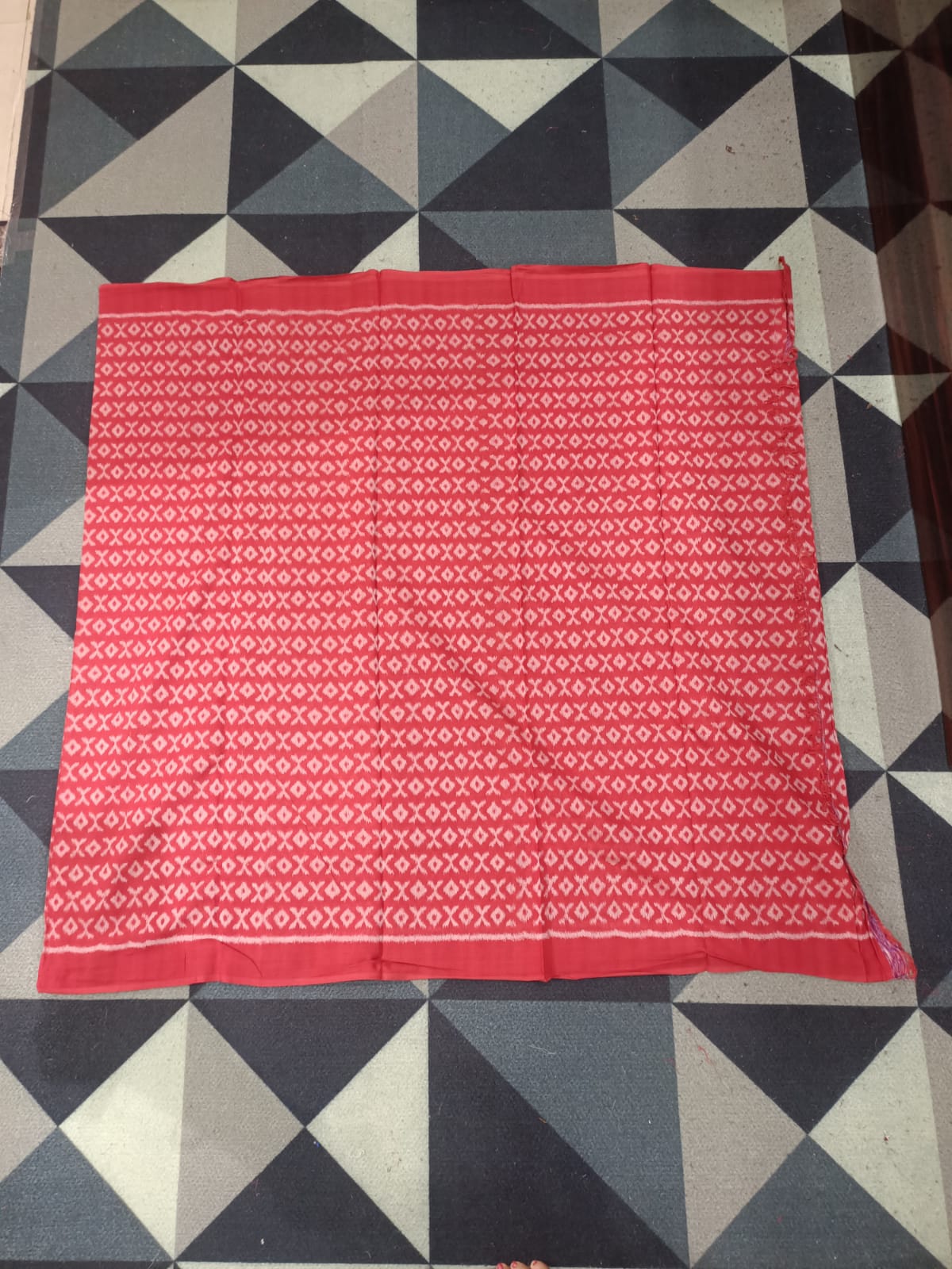 Red White Black Handwoven Odisha Ikat Unstitched Dress Material Set (Top 2.5m, Bottom 2m, Dupatta 2.5m)