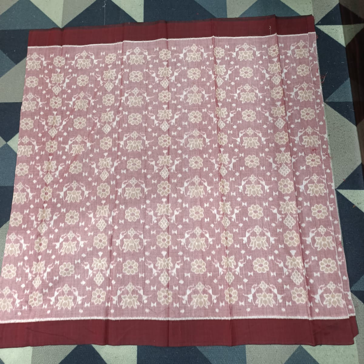Peach Black Lotus Design Handwoven Odisha Ikat Unstitched Dress Material Set (Top 2.5m, Bottom 2m, Dupatta 2.5m)