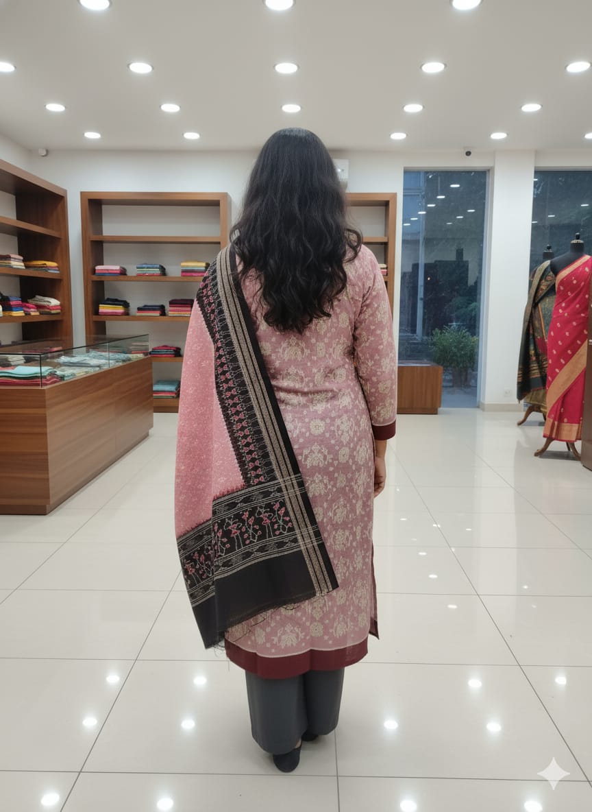 Peach Black Lotus Design Handwoven Odisha Ikat Unstitched Dress Material Set (Top 2.5m, Bottom 2m, Dupatta 2.5m)