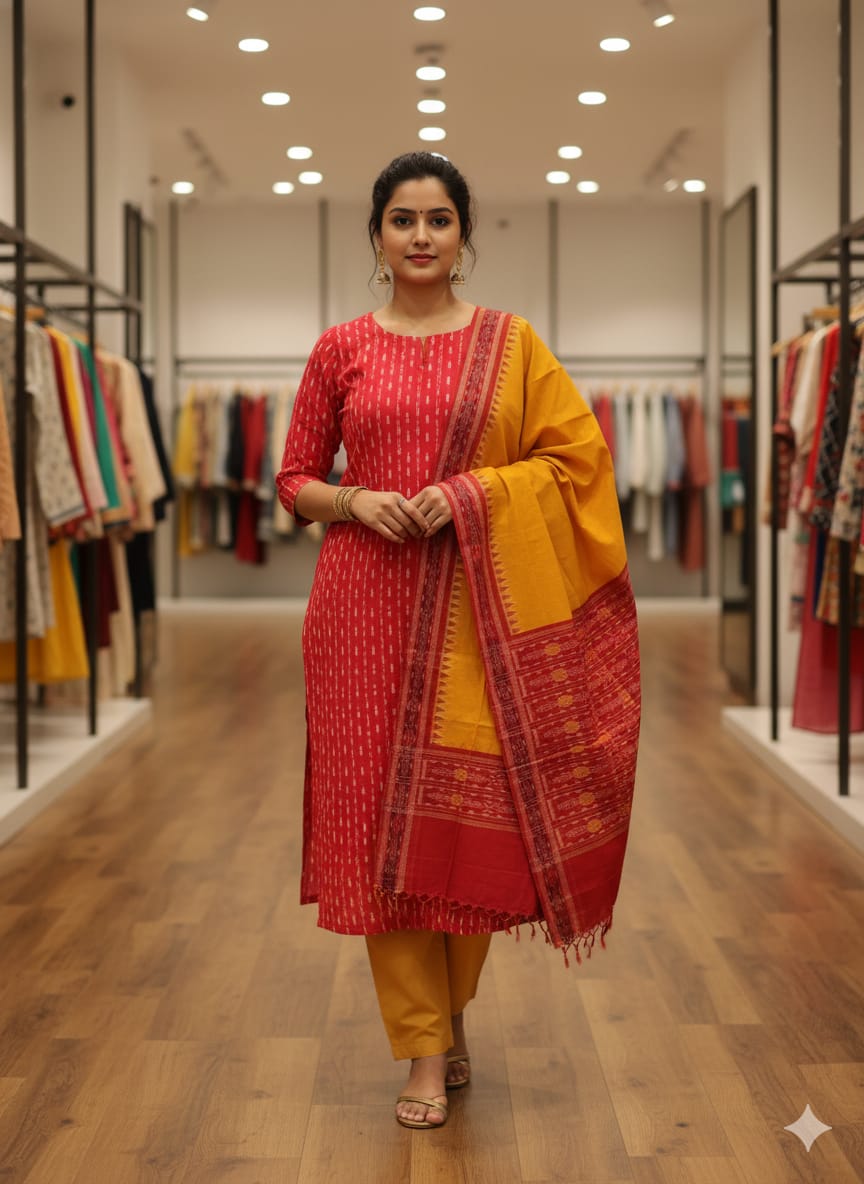 Red Yellow Lata Design Handwoven Odisha Ikat Unstitched Dress Material Set (Top 2.5m, Bottom 2m, Dupatta 2.5m)