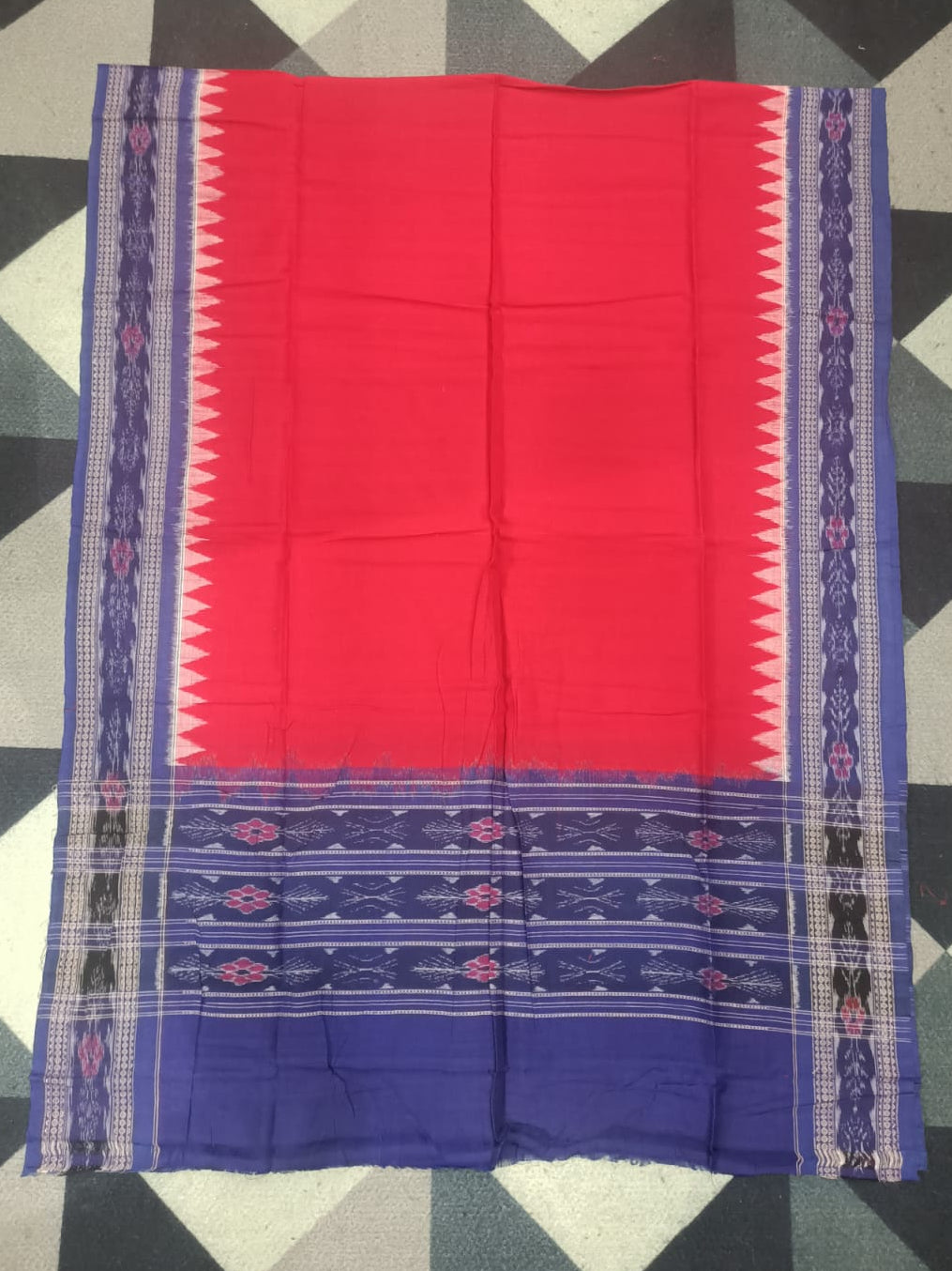 Blue White Red Pasapali Handwoven Odisha Ikat Unstitched Dress Material Set (Top 2.5m, Bottom 2m, Dupatta 2.5m)