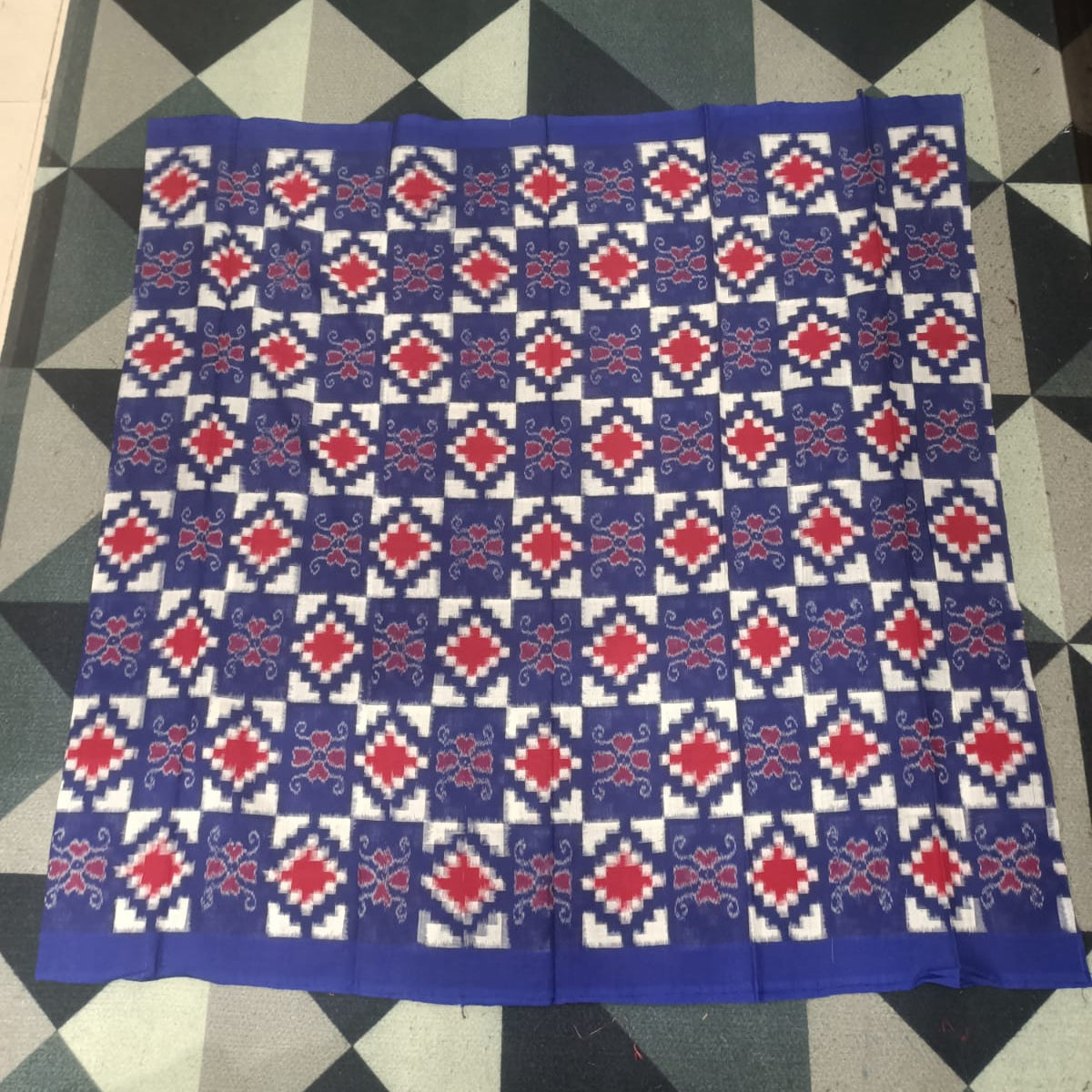 Blue White Red Pasapali Handwoven Odisha Ikat Unstitched Dress Material Set (Top 2.5m, Bottom 2m, Dupatta 2.5m)