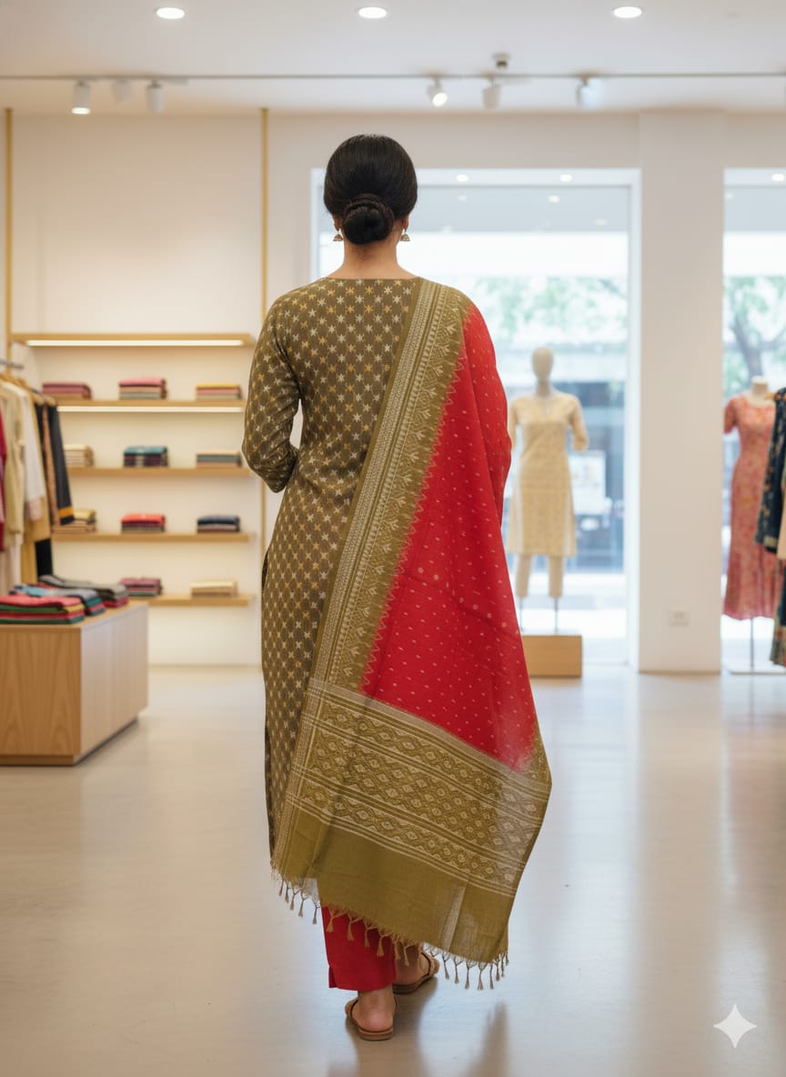 Mehendi Green Red Ikat Handwoven Odisha Ikat Unstitched Dress Material Set (Top 2.5m, Bottom 2m, Dupatta 2.5m)