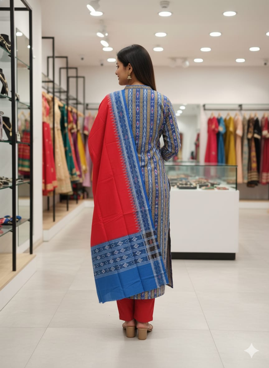 Teal Blue Red Arrow And Flower Design Handwoven Odisha Ikat Unstitched Dress Material Set (Top 2.5m, Bottom 2m, Dupatta 2.5m)