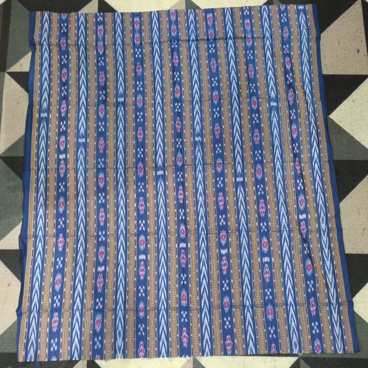 Teal Blue Red Arrow And Flower Design Handwoven Odisha Ikat Unstitched Dress Material Set (Top 2.5m, Bottom 2m, Dupatta 2.5m)