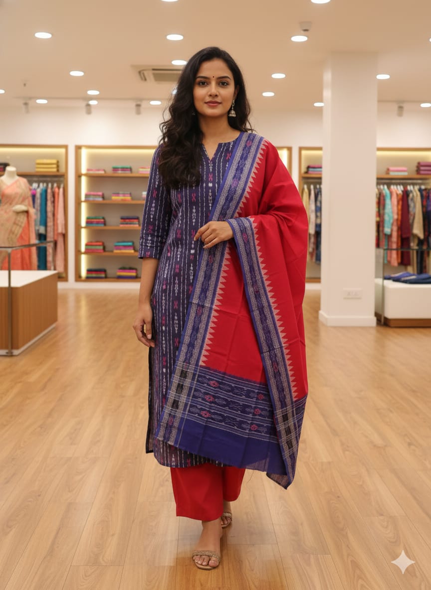 Blue Red Handwoven Odisha Ikat Unstitched Dress Material Set (Top 2.5m, Bottom 2m, Dupatta 2.5m)