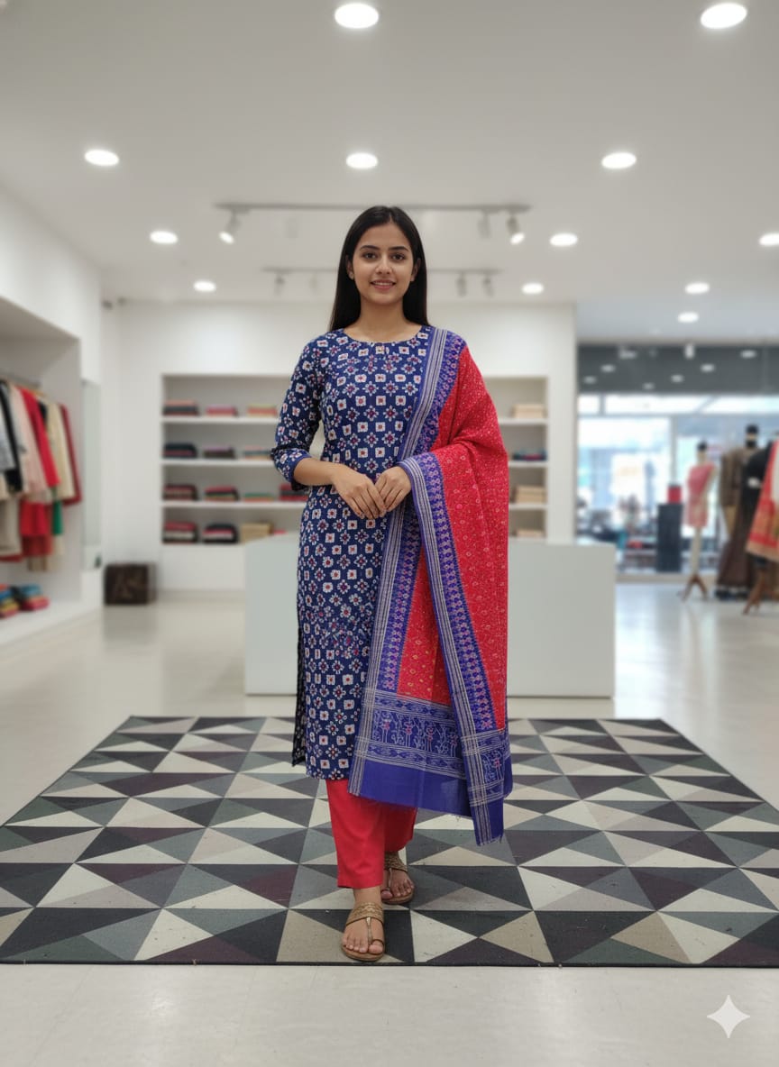 Blue Red Pasapali Handwoven Odisha Ikat Unstitched Dress Material Set (Top 2.5m, Bottom 2m, Dupatta 2.5m)