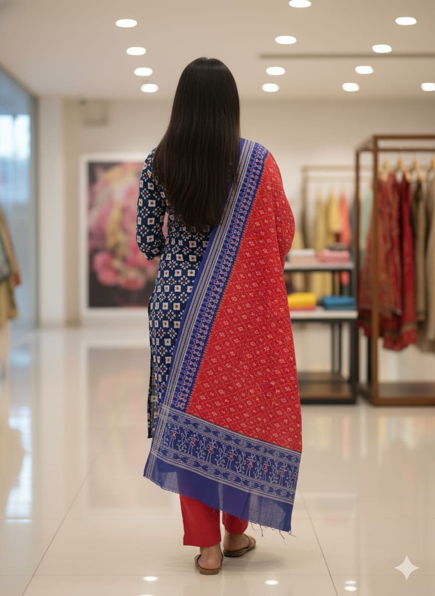 Blue Red Pasapali Handwoven Odisha Ikat Unstitched Dress Material Set (Top 2.5m, Bottom 2m, Dupatta 2.5m)