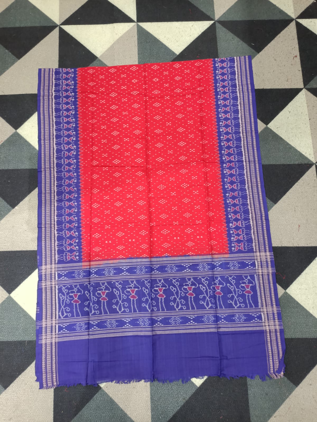 Blue Red Pasapali Handwoven Odisha Ikat Unstitched Dress Material Set (Top 2.5m, Bottom 2m, Dupatta 2.5m)