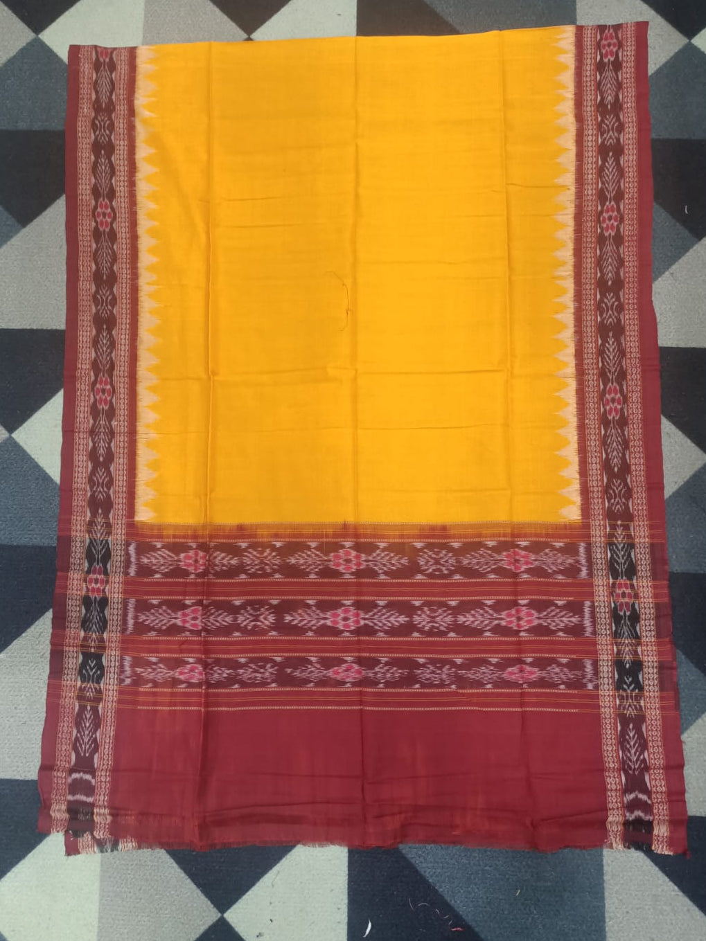 Maroon Yellow Handwoven Odisha Ikat Unstitched Dress Material Set (Top 2.5m, Bottom 2m, Dupatta 2.5m)