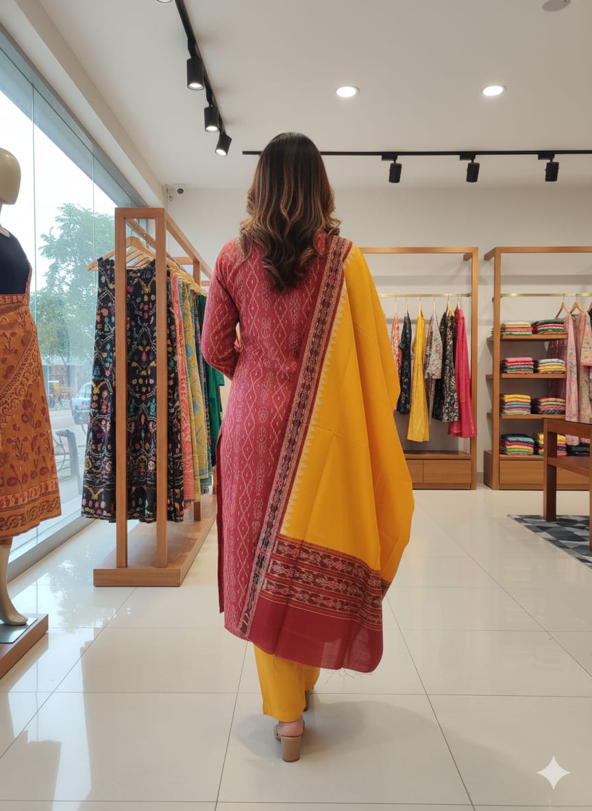 Maroon Yellow Handwoven Odisha Ikat Unstitched Dress Material Set (Top 2.5m, Bottom 2m, Dupatta 2.5m)