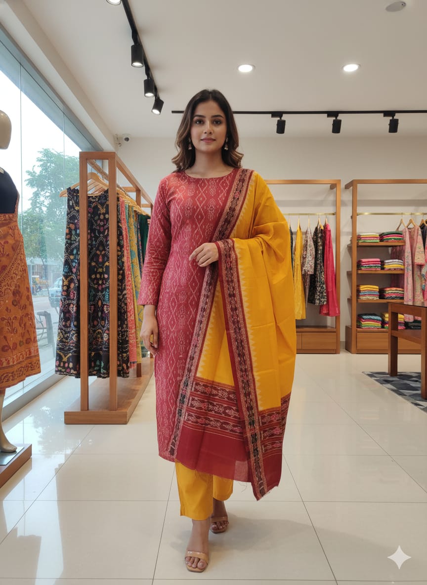 Maroon Yellow Handwoven Odisha Ikat Unstitched Dress Material Set (Top 2.5m, Bottom 2m, Dupatta 2.5m)