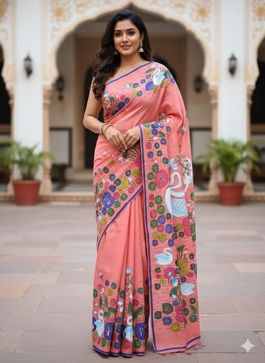 Peach Water Lily And Swan Morden Art Theme Pattachitra Khadi Silk Saree