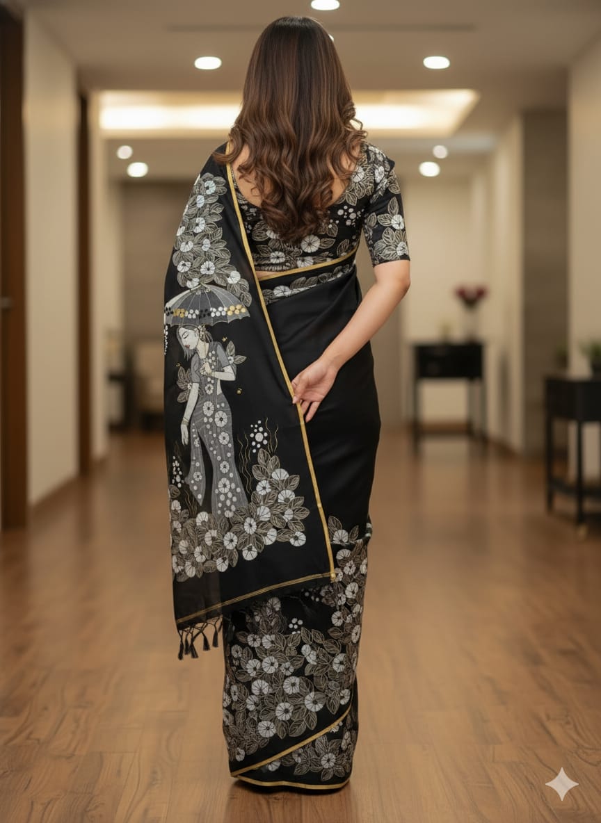 Black Lady With Umbrella Morden Art Theme Pattachitra Khadi Silk Saree