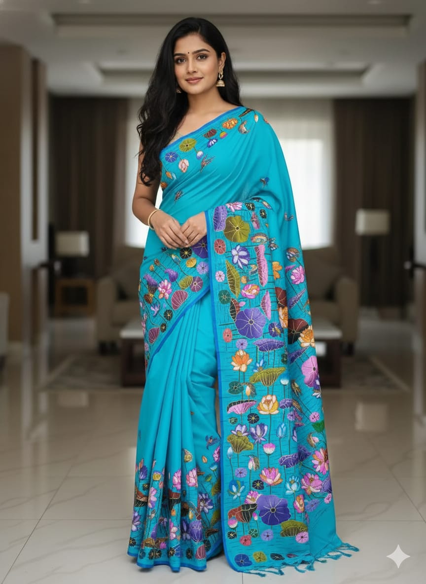 Sky Water Lily Morden Art Theme Pattachitra Khadi Silk Saree