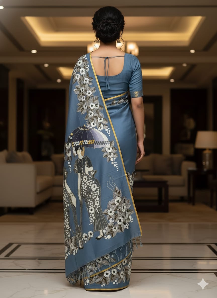 Grey Lady With Umbrella Morden Art Theme Pattachitra Khadi Silk Saree