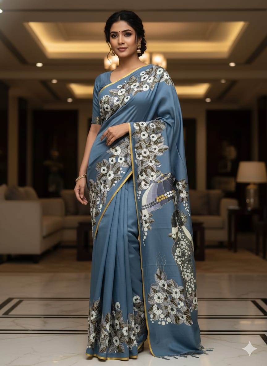 Grey Lady With Umbrella Morden Art Theme Pattachitra Khadi Silk Saree