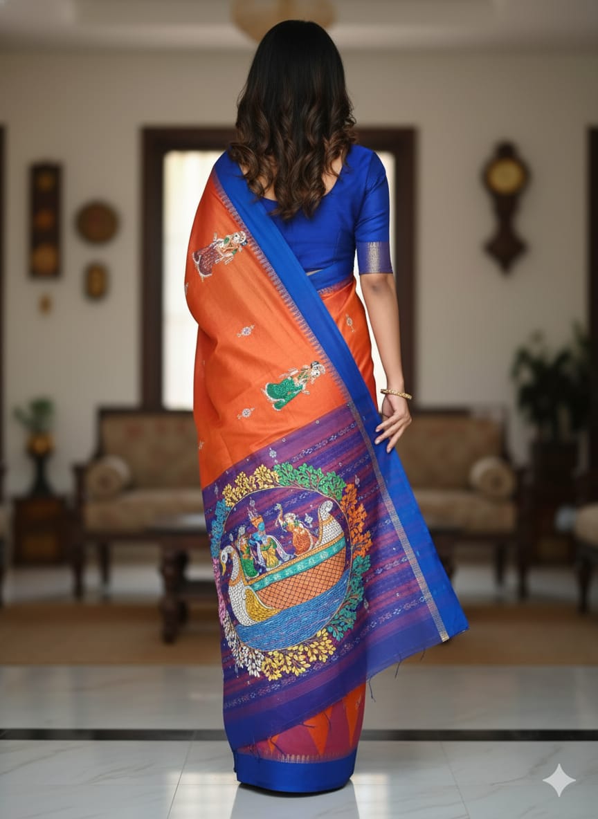 Orange Blue Nabakeli Boita Theme Pattachitra Tissue Cotton Saree