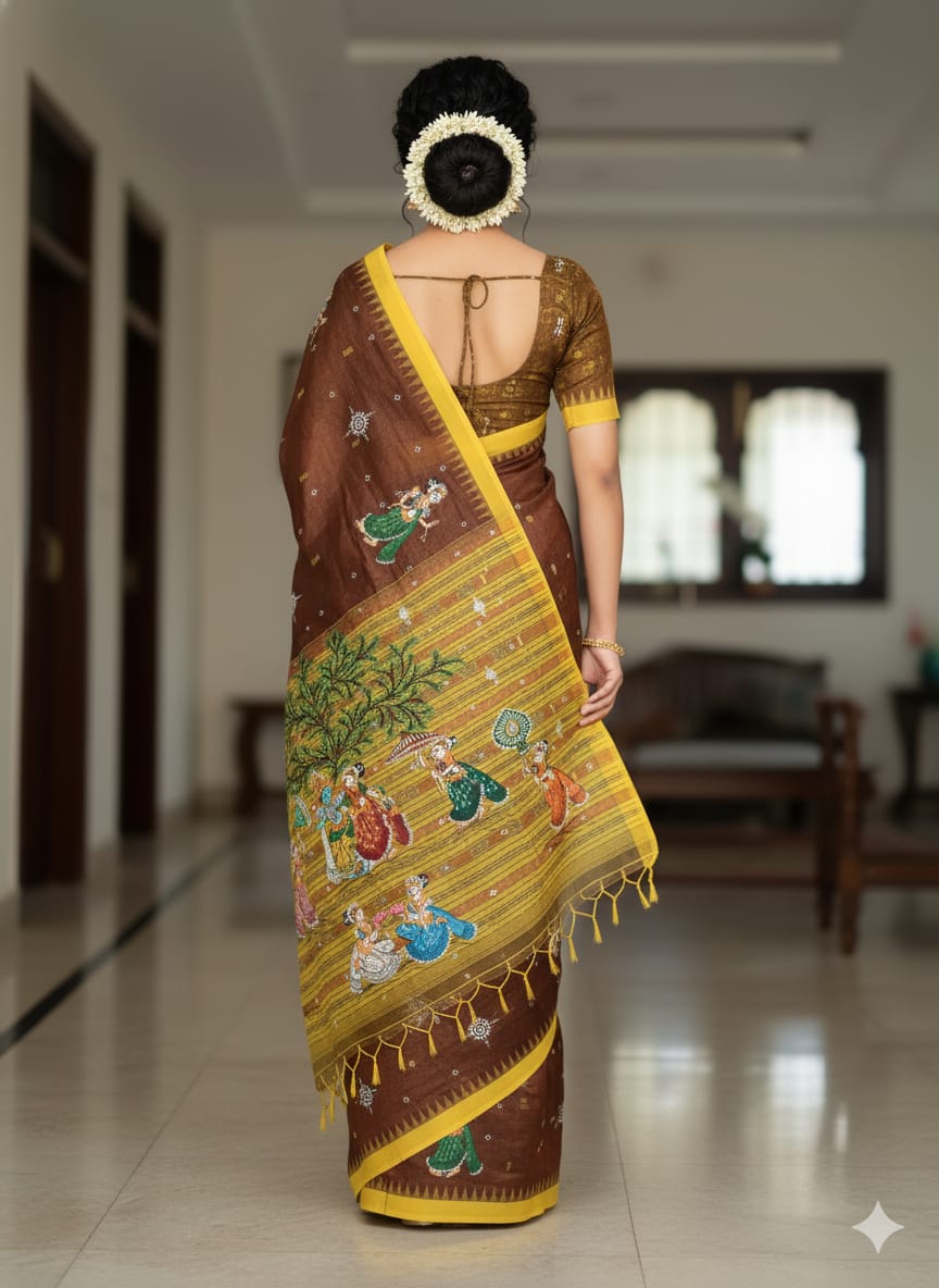 Brown Yellow Radha Krishna Rasa Theme Pattachitra Tissue Cotton Saree