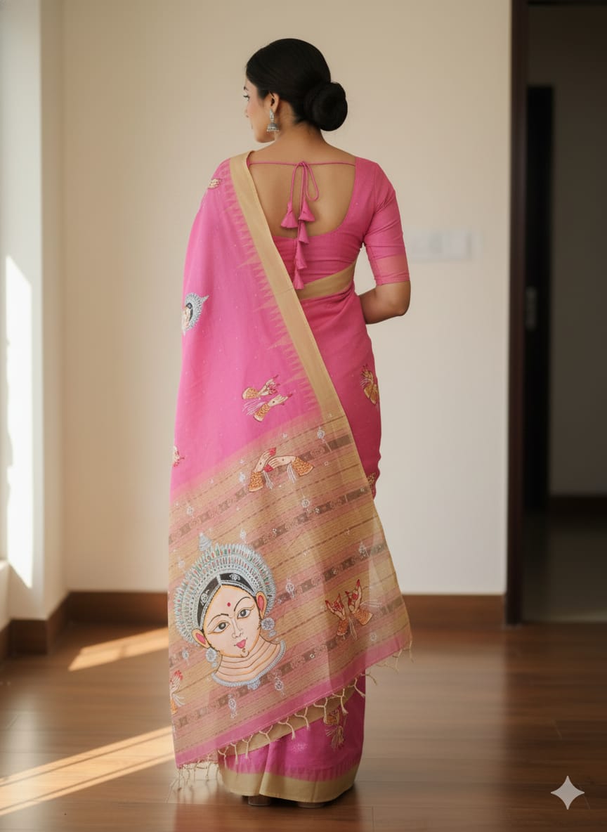 Pink Off White Odishi Face And Mudra Theme Pattachitra Tissue Cotton Saree