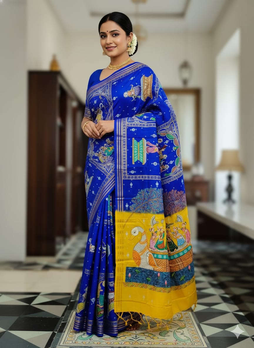 Blue Yellow Big Box Boita Theme Pattachitra Kanjeeveram Silk Saree