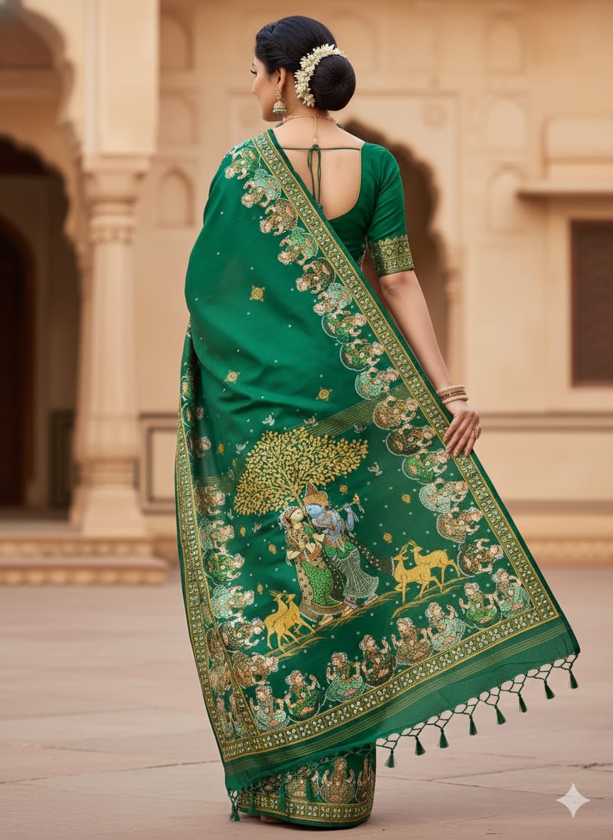 Green Radha Krishna Rasa Theme Pattachitra Khadi Silk Saree