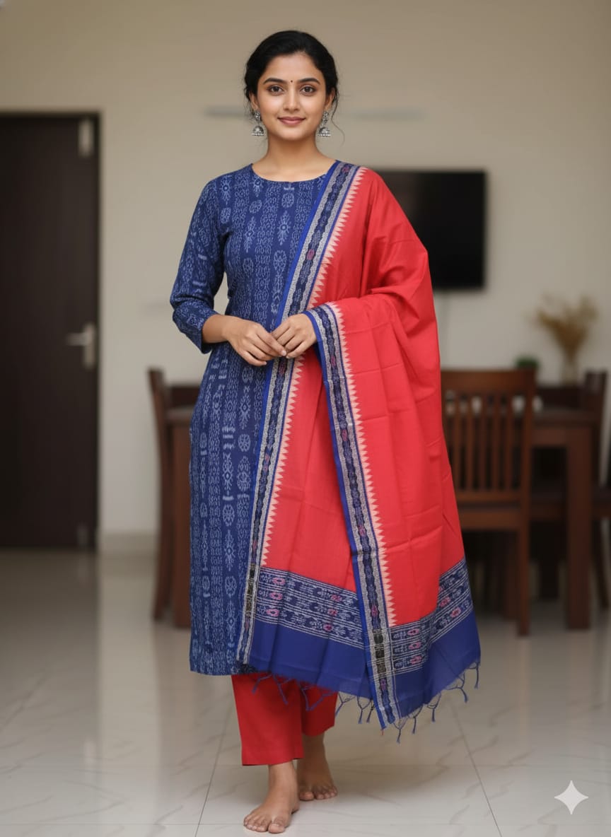 Blue Red Flower Bandha Design Dress Set