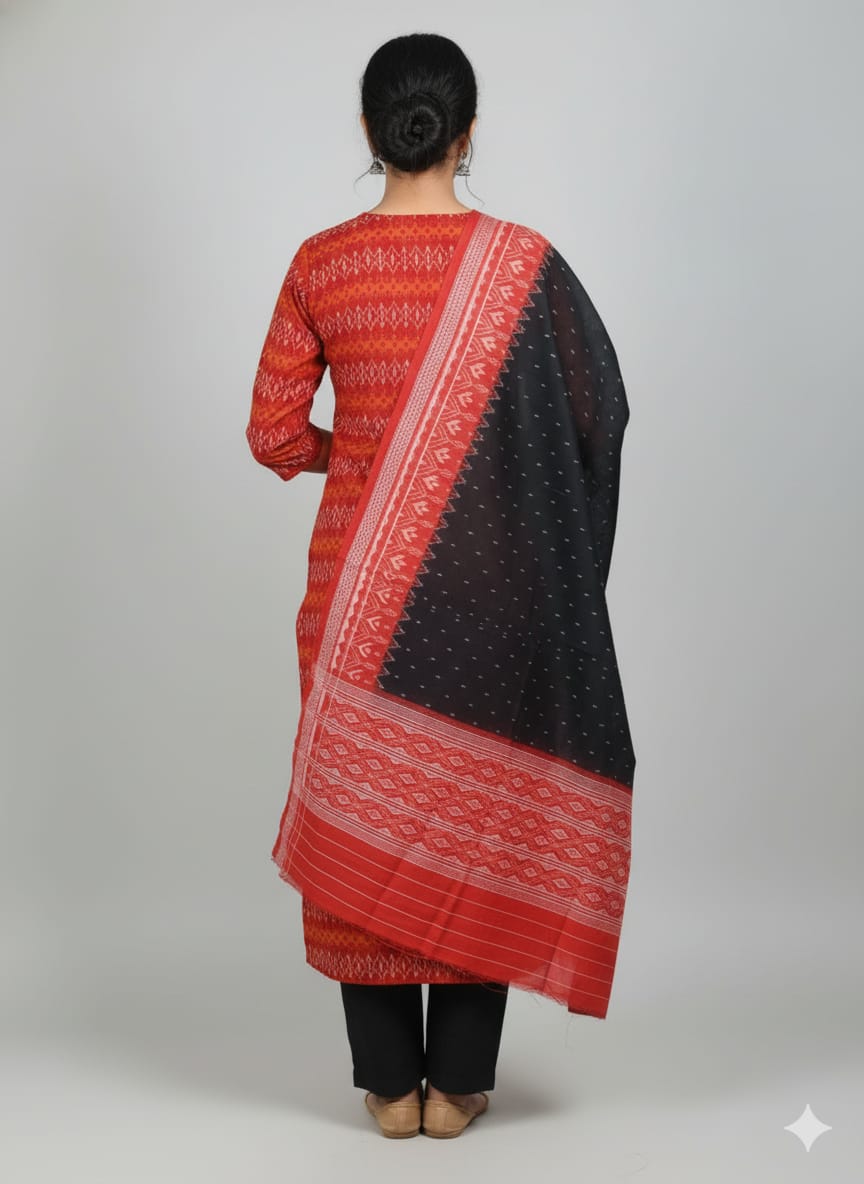 Red Black Flower Bandha Design Dress Set