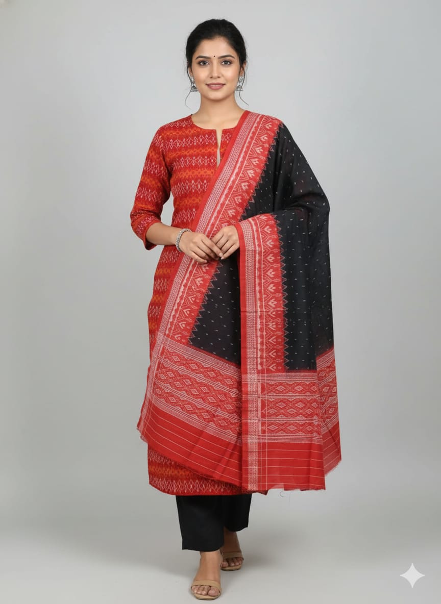 Red Black Flower Bandha Design Dress Set