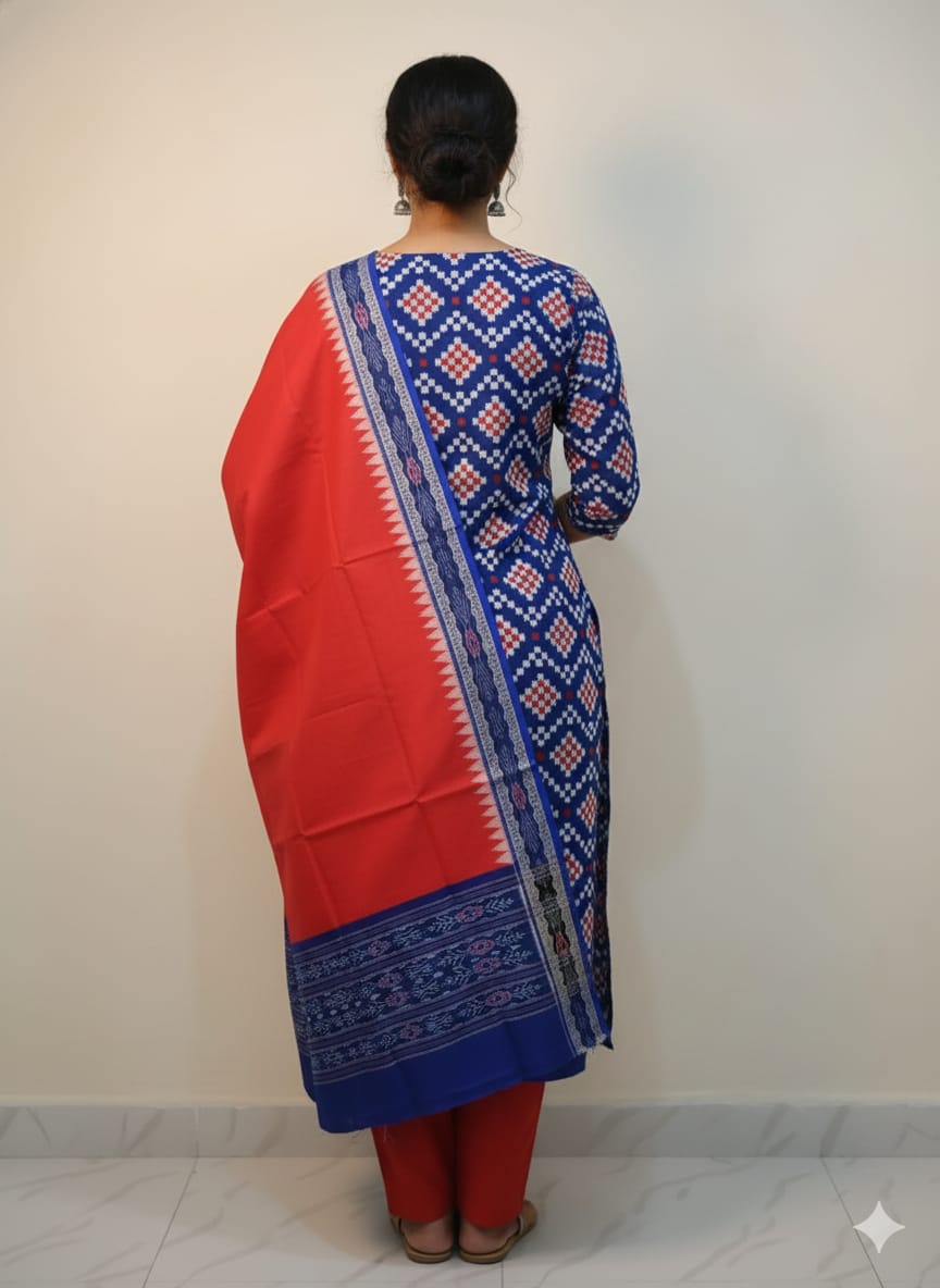 Blue White Red Pasapali Design Dress Set