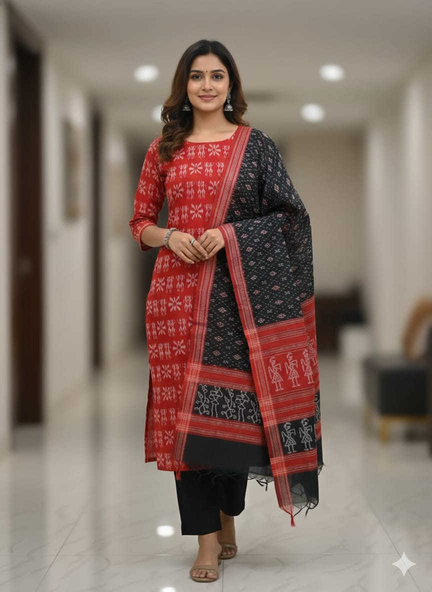 Red Black Handwoven Odisha Ikat Unstitched Dress Material Set (Top 2.5m, Bottom 2m, Dupatta 2.5m)