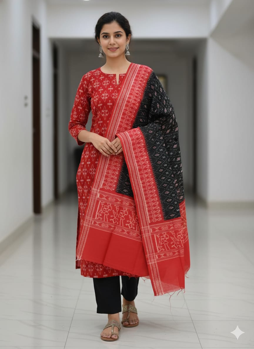 Red Black Handwoven Odisha Ikat Unstitched Dress Material Set (Top 2.5m, Bottom 2m, Dupatta 2.5m)