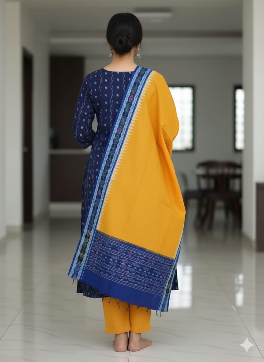 Blue Yellow Handwoven Odisha Ikat Unstitched Dress Material Set (Top 2.5m, Bottom 2m, Dupatta 2.5m)