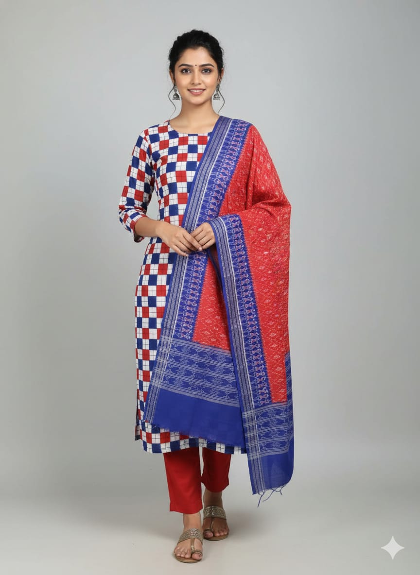 Blue White Red Square Pasapali Handwoven Odisha Ikat Unstitched Dress Material Set (Top 2.5m, Bottom 2m, Dupatta 2.5m)