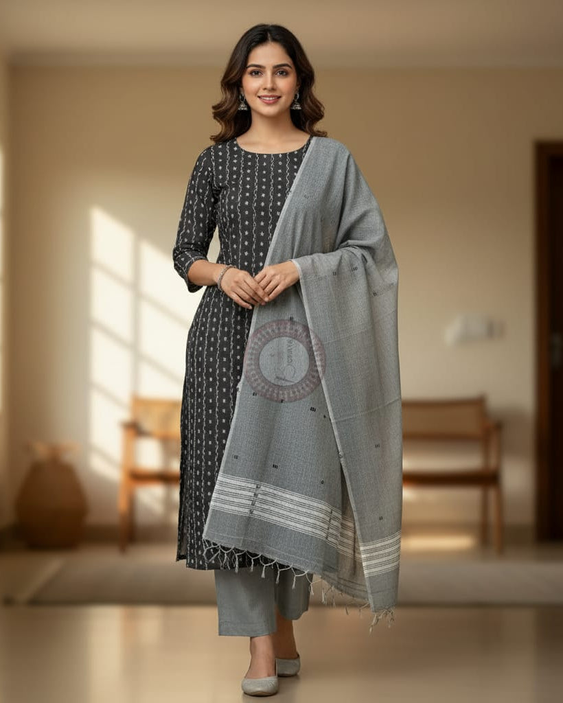 Black Grey Lata Design Dress Set