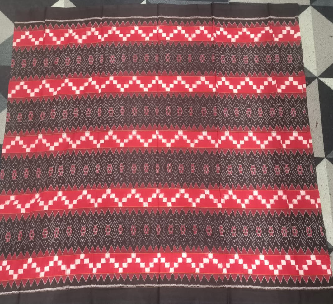 Black Red Flower Handwoven Odisha Ikat Unstitched Dress Material Set (Top 2.5m, Bottom 2m, Dupatta 2.5m)