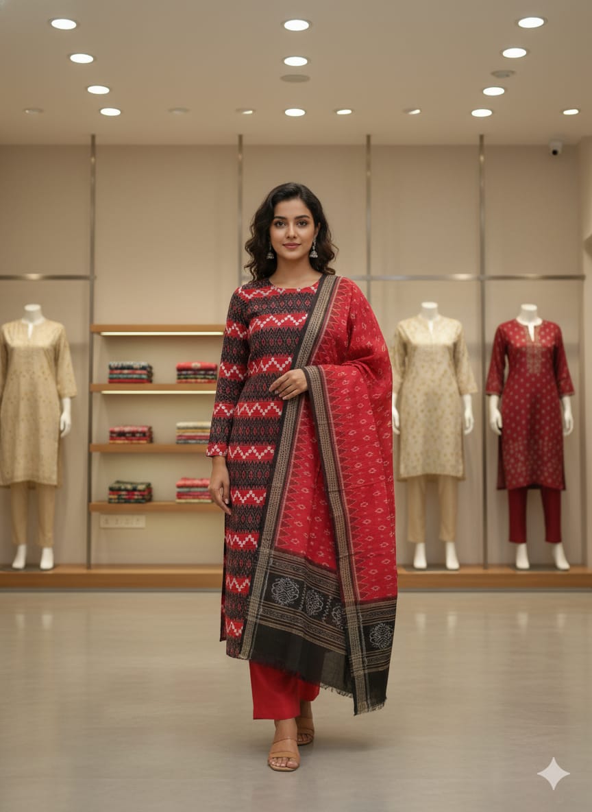 Black Red Flower Handwoven Odisha Ikat Unstitched Dress Material Set (Top 2.5m, Bottom 2m, Dupatta 2.5m)