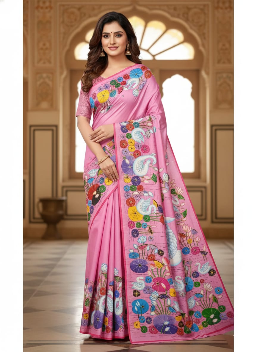 Pink Water Lily And Swan Morden Art Theme Pattachitra Khadi Silk Saree