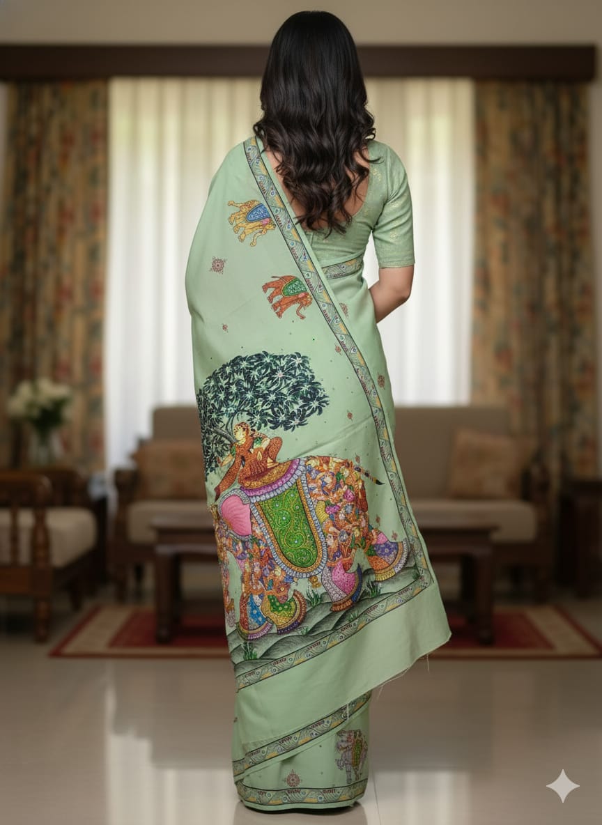 Aqua Kandarp Hasti Theme Pattachitra Khadi Silk Saree